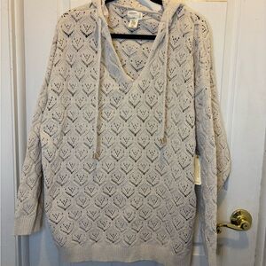 Nicole Miller Artelier Ivory Open-Knit Hooded Pullover